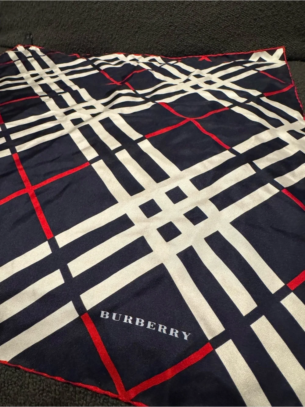 Burberry Navy, White and Red Plaid Silk Scarf